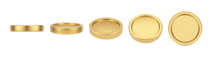 Front and side view of golden coin. Vector isolated realistic 3d money or round metal piece with copy space. Financial assets and capital, investment and deposit, currency and commerce market
