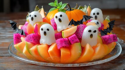 A vibrant fruit salad with ghost-shaped apple slices, dragon fruit bats, and cantaloupe pumpkins, layered on a clear glass platter.