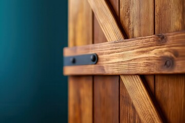 A close-up of a rustic wooden door with metal accents, emphasizing craftsmanship and natural textures against a solid colored background.
