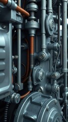 Close-up of grey industrial machinery with mechanical parts, manufacturing, technology, production