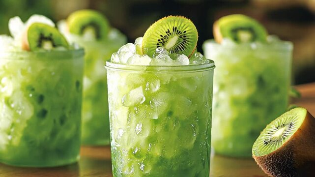 Refreshing kiwi mojitos served in glasses filled with ice at a vibrant outdoor gathering during summer