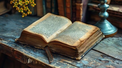 Obraz premium An old, open book resting on a wooden table with vintage decor in the background.