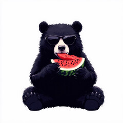 cartoon bear wearing sunglasses enjoys slice of watermelon, exuding playful and relaxed vibe. This whimsical scene captures joy of summer