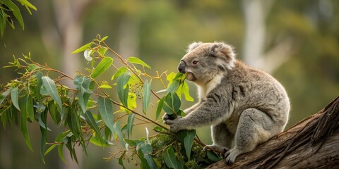 Obraz premium Adorable Koala Eating a Leaf from a Eucalyptus Tree - Tilt-Shift Photography, Cute Wildlife, Nature, Australian Fauna, Animal Behavior, Greenery, Macro