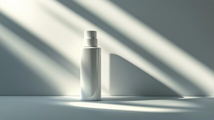 White skincare product bottle placed under soft natural sunlight, creating minimalistic shadow patterns