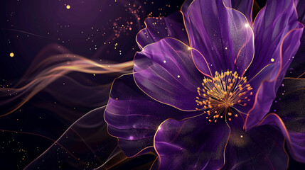 Abstract violet and purple flower pattern with a gold outline, HD wallpaper background.