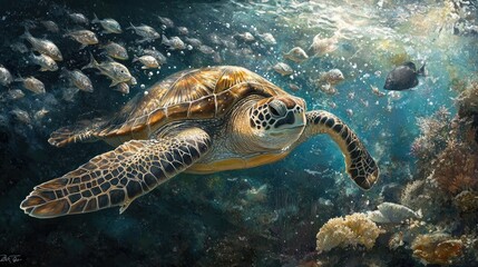 Fototapeta premium A school of tiny silvery fish swimming around a giant sea turtle in a tranquil reef.