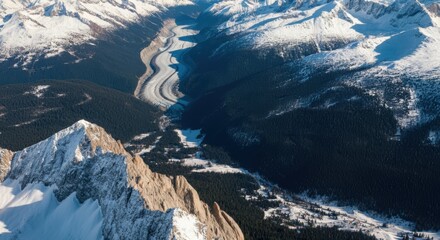 Aerial View of Majestic Glacier Valley, SnowCapped Mountains, and Coniferous Forest