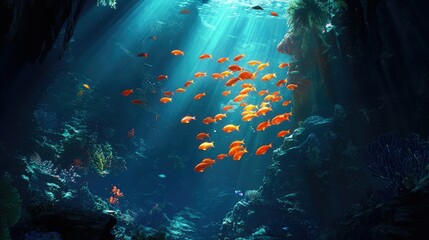 A school of translucent fish glowing in the light of a diver's torch near an underwater cave.