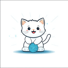 Fototapeta premium Cute cartoon cat playing with blue ball of yarn, expressing joy and playfulness. This adorable feline character is perfect for children illustrations and pet themed designs