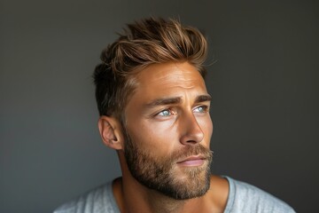 Fototapeta premium Portrait of a thoughtful man gazing to the side, showcasing a well-groomed beard and modern hairstyle in soft lighting. Ideal for concepts of contemplation and men's fashion.