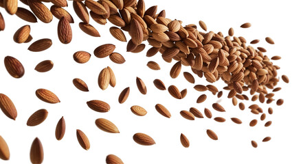 Obraz premium almonds in motion isolated on white transparent background 