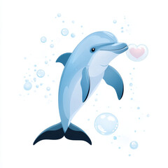 Obraz premium cartoon dolphin blowing heart shaped bubbles in playful underwater scene. This cheerful marine creature brings joy and love, surrounded by bubbles and bright background