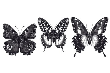 Three butterflies on a white background in monochrome