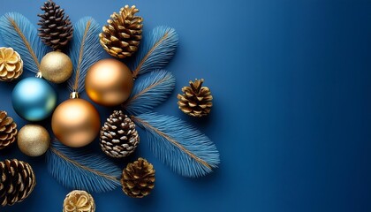 Naklejka premium Gold and blue Christmas ornaments and pinecones are arranged on a blue background to create_1(1084)