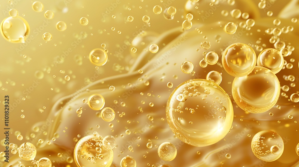 Poster a close-up view of golden bubbles in a liquid, creating a dynamic and vibrant visual effect.