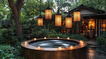 Fototapeta premium A relaxing outdoor hot tub with candles and lanterns at dusk.