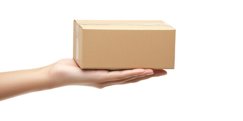Hand Holding Small Cardboard Box Isolated on Transparent Background
