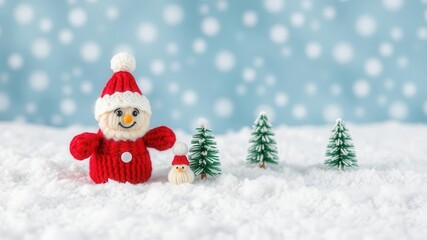 Little knitted snowmen happily sitting on fluffy snow against a serene blue backdrop, decoration, joyful