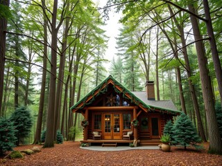 Naklejka premium Luxurious log cabin in the forest with stunning interior design and cozy decorations, luxurious, rustic