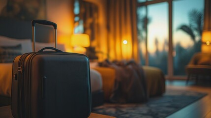 Fototapeta premium A traveler arriving in a cozy, well-lit hotel room with luggage, ready to settle in, symbolizing relaxation, travel, and hotel accommodations