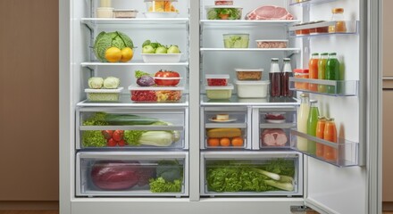 Opened fridge from the inside full of vegetables, fruits and other groceries.