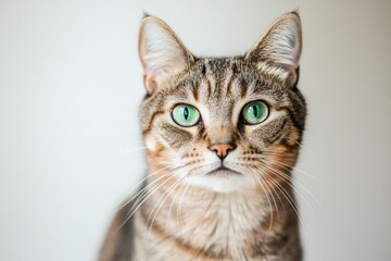 Obraz premium A close-up shot of a domestic cat's face, featuring bright green eyes