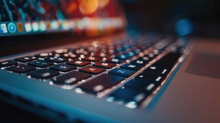 Close-up of a laptop keyboard with soft lighting, emphasizing technology and design.