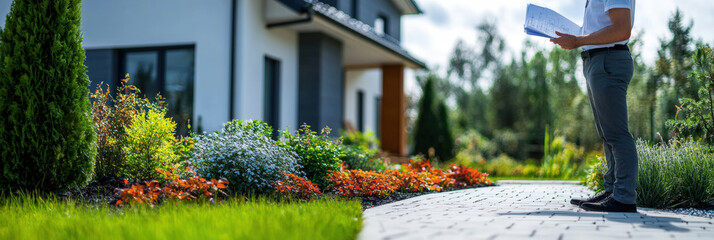 worker reviews blueprint outside modern, energy efficient home surrounded by lush garden and paved walkway, showcasing sustainable architecture and landscaping