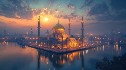 Fototapeta premium Illuminated mosque on lake at sunrise, reflecting in water.