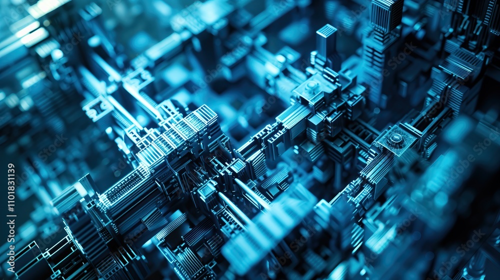 Poster complex blue circuitry pattern in abstract digital landscape