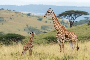 Fototapeta premium A mother giraffe and her calf stand in a grassy field, with rolling hills and a lone tree in the background.