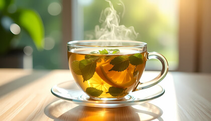 Refreshing herbal tea with lemon slices and mint leaves in a glass cup on a sunny table with copy space