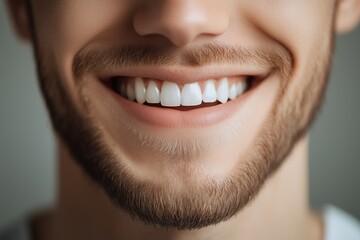 Fototapeta premium Close-up of a man's mouth, smiling with perfect, white, and shiny teeth