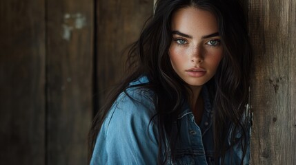 Fototapeta premium Freckled Woman, Denim Jacket, Long Dark Hair, Wooden Background, Portrait Photography