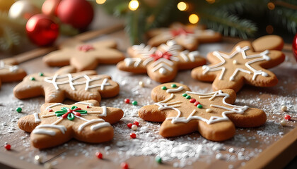 Delicious Christmas gingerbread cookies in festive shapes with copy space