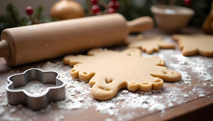 Christmas baking process with cookie dough and rolling pin on a wooden table