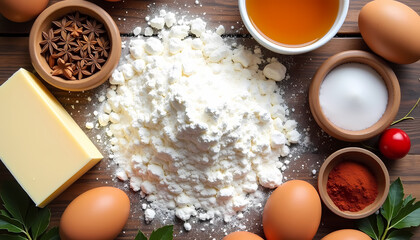 Ingredients for holiday baking with eggs, flour, and spices arranged on a wooden table with copy space