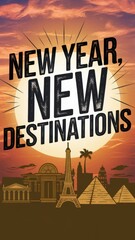 Explore new year travel inspiration with iconic landmarks and vibrant sunset background
