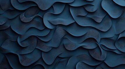 Obraz premium Abstract 3D illustration featuring overlapping wavy layers in dark blue shades with curved lines and textures, creating a fluid and dynamic pattern.