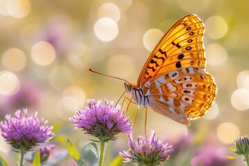A beautiful butterfly with orange and white wings rests on a pink flower, with a blurred background of bokeh lights.