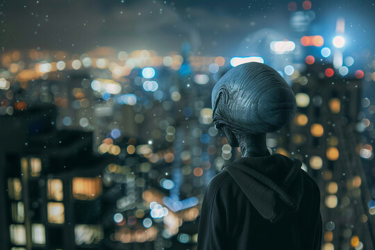 Image of extraterrestrial alien invading earth exploring city generative AI