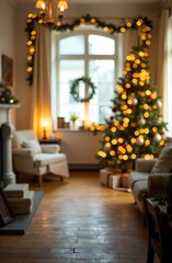 A Christmas tree decorated with gold ornaments and lights in a cozy room