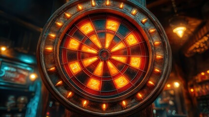 Illuminated vintage dartboard with glowing segments, mounted on a wooden post in a dimly lit room.