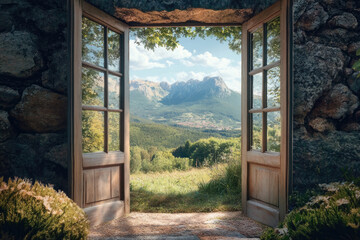 An open window framed by stone reveals a picturesque forest and mountains, offering a peaceful escape and inviting viewers to enjoy nature's beauty and calm.