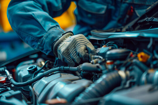 Generative AI picture photo Car mechanic working with broken engine car service banner