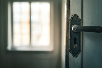 A vintage-style photograph featuring a wooden door handle paired with a rustic metal lockplate, set against a softly blurred background of a sunlit window.