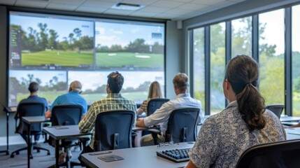 A group of people attending a presentation in a conference room with golf simulations displayed.