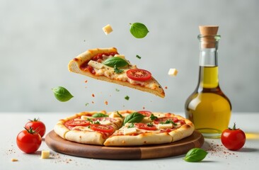 Creative pizza set idea "Levitation": pizza, pizza slice, cheese, basil, tomatoes, champignons, olive oil in a bottle, on a wooden stand on a simple light gray background