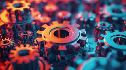 Fototapeta premium A close-up view of metallic gears with vibrant lighting, showcasing mechanical design.